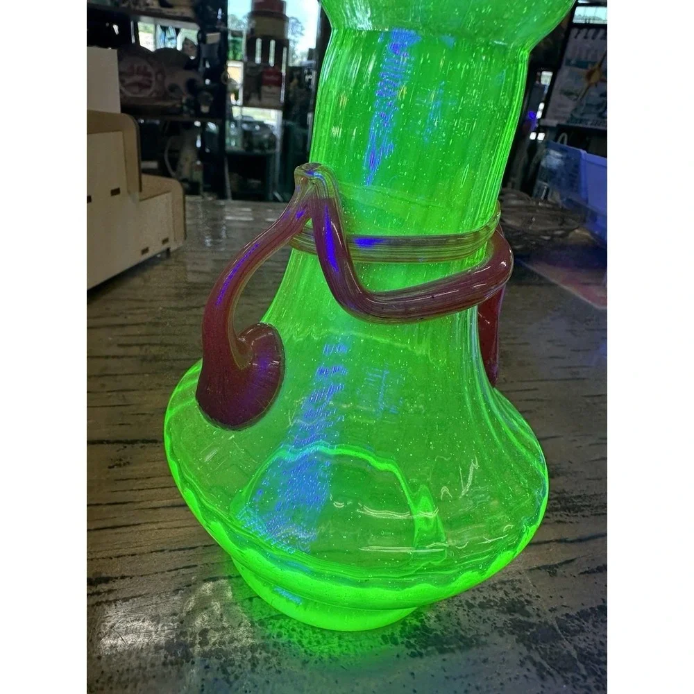 Vintage Green Uranium Glass Vase w/ Applied Orange Spiral Decoration - Rare!